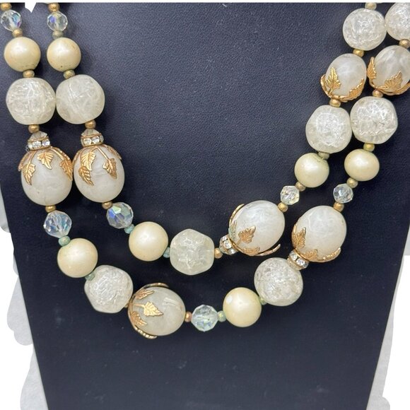 Vintage Deauville Double Strand Necklace Faceted Clear Crackle Glass Faux Pearls - Picture 2 of 9